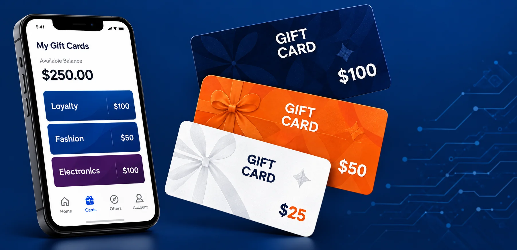 LoyaltyKart branded gift cards and wallet phone on dark blue
