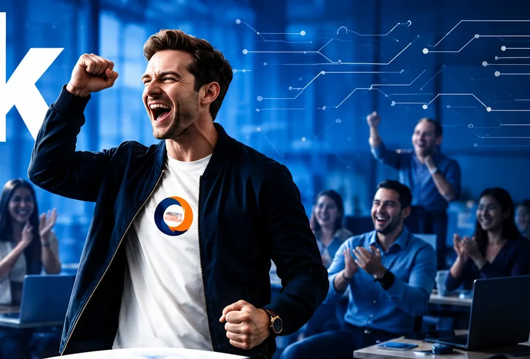 Celebrating business leader with team applauding